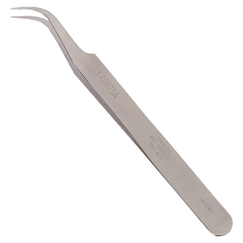 silver 4.5" long tweezers with curved ends and micro fine points for working within tight areas