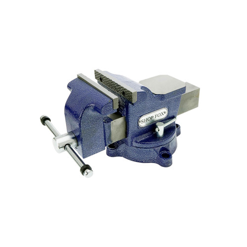 blue bench vise from Shop Fox with 5" jaw, 2-1/4" throat, metal clamps and silver swivel handles