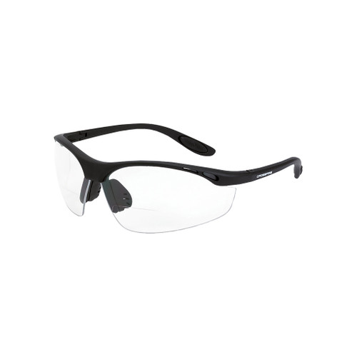 black frameless safety glasses with black nosepiece and clear lenses with 2.0 diopter bifocal