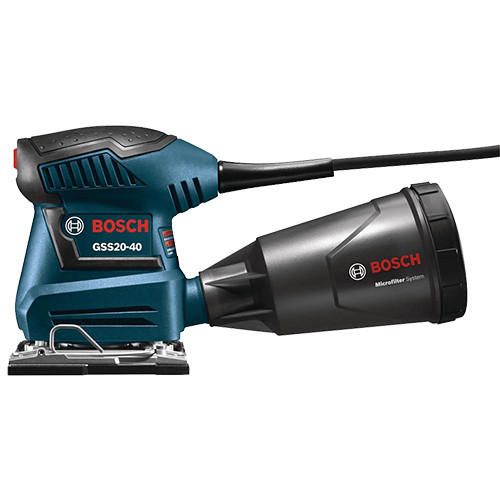 Bosch 1/4 Sheet Orbital Finishing Sander has through-the-pad dust collection and microfilter dust canister