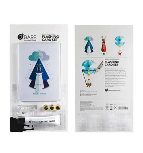 front and back images of Bare Conductive Merry Resistivities Flashing Card Set in white packaging 