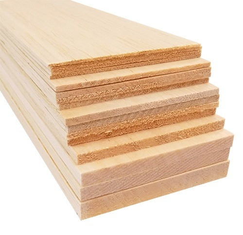 tiered stack of 9" long light-colored balsa wood in different thicknesses