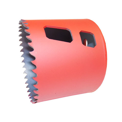 red Morse Bi-metal hole saw with 2-1/2" diameter and tooth set design for faster material removal