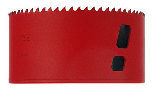 red Morse Bi-metal hole saw with 4-1/4" diameter and tooth set design for faster material removal