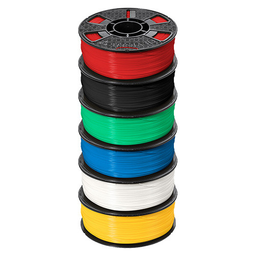 stack of 6 spools of afinia abs plus premium filament in red, black, green, blue, white and yellow