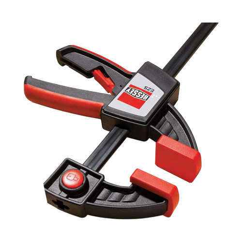 red and black 24" Bessey One-handed EZS Clamp has ergonomically shaped 2-component plastic handle