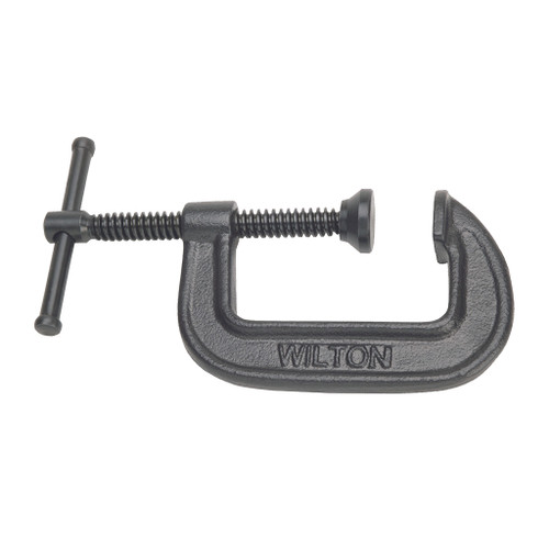 heavy duty C-shaped carriage clamp with black oxide coating, vise type handle and 5" max opening