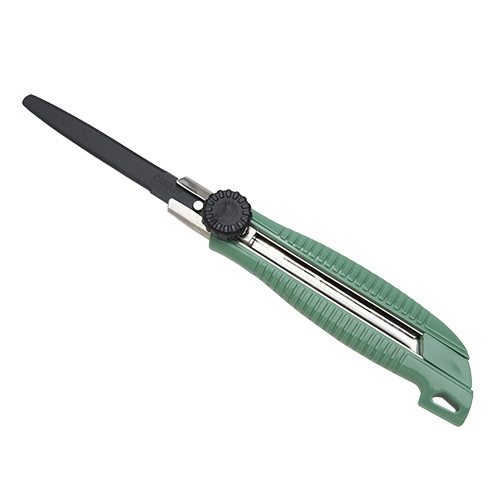box cutter with green abs plastic handle, black retractable lock and black fine sawtooth edge blade