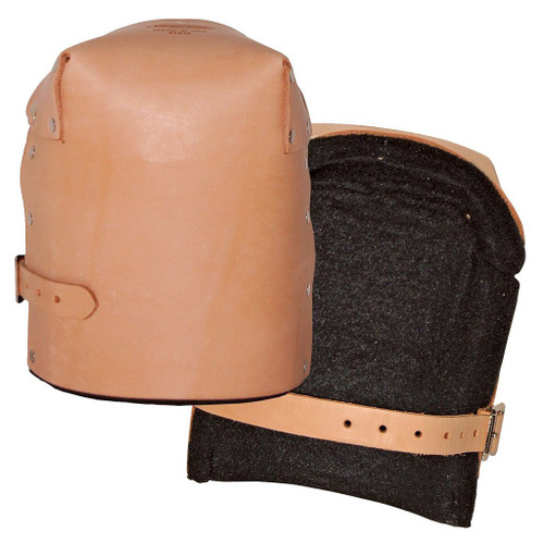 two tan rugged, top-grain thick leather cap knee pads from bucket boss with absorbent felt lining 