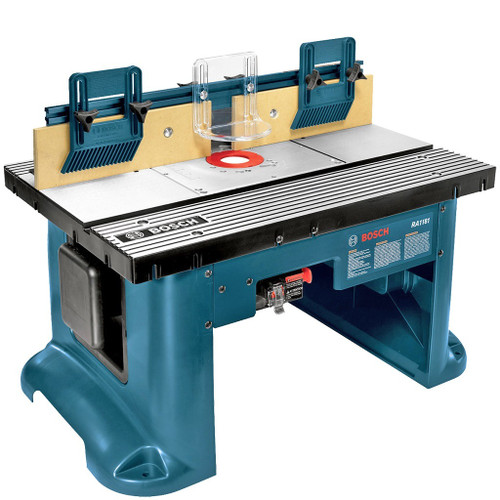 bosch bench top router table with adjustable mdf face plates, adjustable featherboards, accessory slot