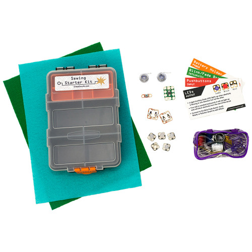 all pieces included in the Brown Dog Gadgets Crazy Circuits Sewing Starter Kit next to plastic storage box