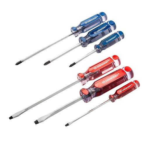 3 red-handled slotted-head screwdrivers and 3 blue-handled Philips-head screwdrivers in different sizes