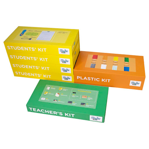 3Doodler Start EDU Learning Pack has 4 yellow student boxes, 1 orange plastics kit, and 1 green teacher's kit