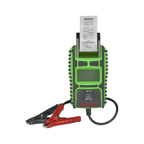 green Bosch Battery Tester with Integrated Printer connected to jumper cables and producing test results