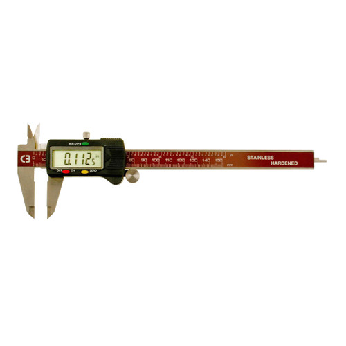 Chicago Brand 6" Digital Caliper has LCD screen, inch and metric readings, hardened measurement surface