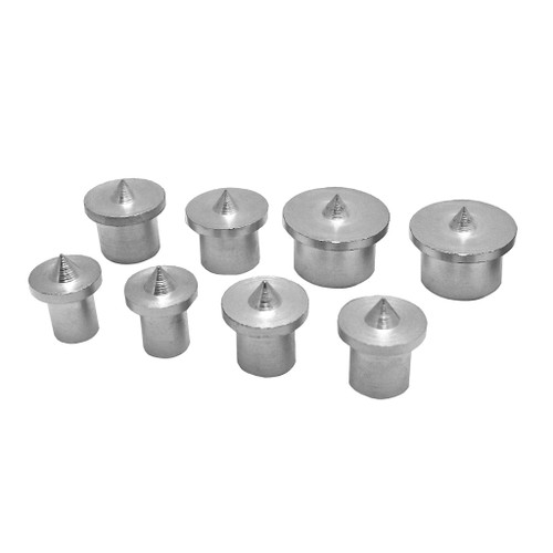 8 dowel centers with 2 of each size diameter 1/4", 5/16", 3/8", 1/2" made from nickel-plated steel