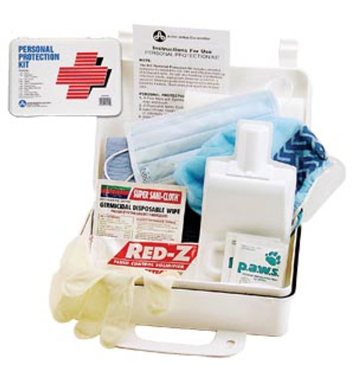 acme personal protection blood-borne pathogen kit showing face mask, gloves, wipes, towels and more