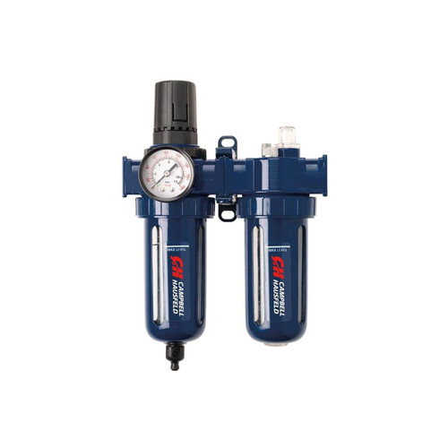 Campbell Hausfeld Filter/Regulator/Lubricator has automatic oil lubrication, brass quick coupler, mounting bracket