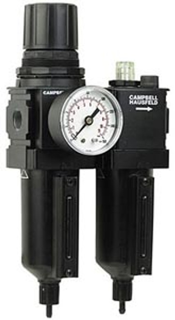 Campbell Hausfeld Filter/Regulator/Lubricator has automatic oil lubrication, brass quick coupler, mounting bracket