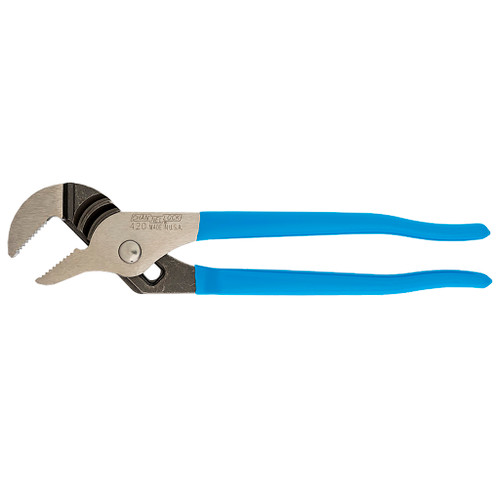 Channellock 9-1/2" Straight Jaw Pliers with right-angle teeth and 1-1/2" jaw capacity have blue handles