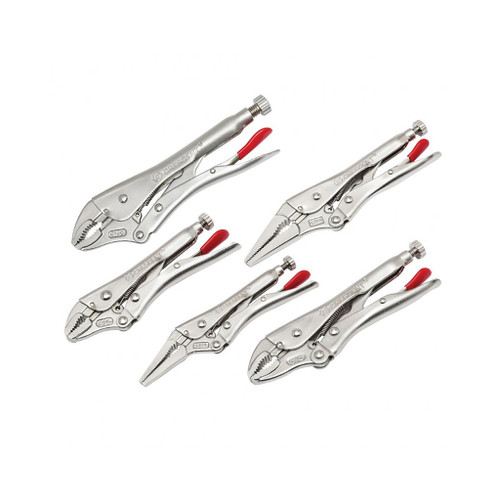 5 locking pliers with wire cutters have curved jaws in sizes 5", 7", 10" and long-nose pliers in 6", 9"