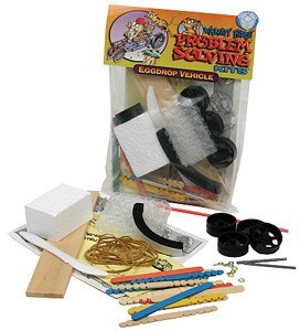 one egg drop vehicle kit includes a variety of cushioning pieces, activity guide, wheels and axles
