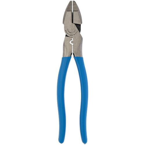 9-1/2" long channellock lineman's pliers with crimper and fish tape puller have blue comfort grip handles