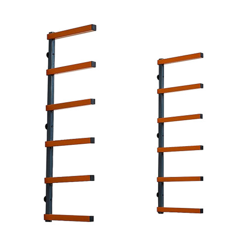 two steel bora portamate lumber storage racks with 6 orange levels on each rack and capacity 440 lbs