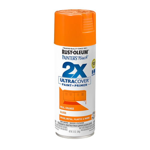 12 ounce aerosol can of Rust-Oleum 2X Ultra Cover Spray Paint + Primer in real orange with gloss finish