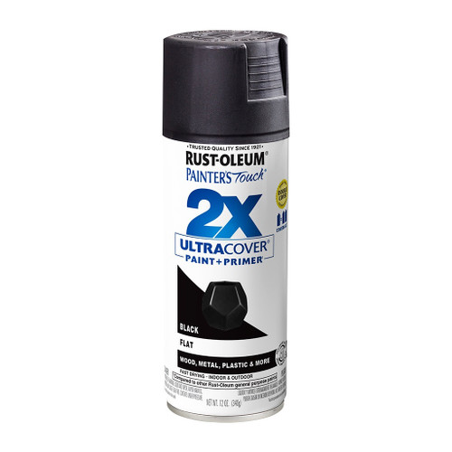 12 ounce aerosol can of Rust-Oleum 2X Ultra Cover Spray Paint + Primer in black with flat finish