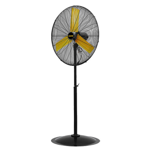 30 inch tall pedestal fan has black all-metal blade covers and round base, yellow blades, 1/3 hp motor