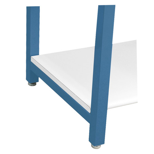 close up of BenchPro Kennedy Series 12" x 58" Work Bench Shelf showing two dark blue legs and white shelf