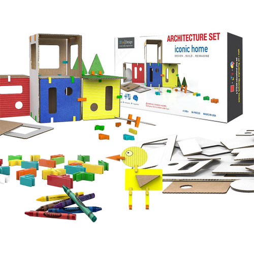 3Dux Design Iconic Home Architecture Set with connectors, cardboard pieces, crayons and model