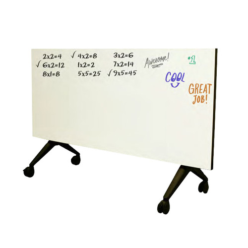 tilting dry erase table with markings is upright in whiteboard position and has black legs and wheels