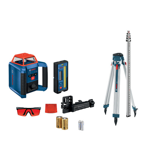 everything included in the Bosch REVOLVE2000 Self-Leveling Horizontal Rotary Laser Kit