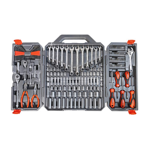 180-piece professional tool set includes chrome-finished wrenches, ratchets, sockets, and drive tools