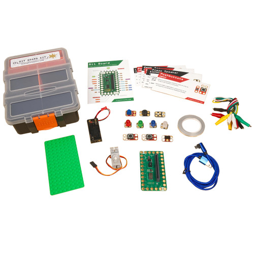 all items included in Brown Dog Gadgets Crazy Circuits Bit Board Kit displayed around plastic storage box