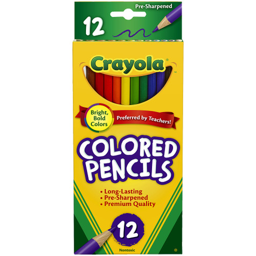 yellow and green cardboard box of 12 crayola colored pencils with pre-sharpened tips in assorted colors