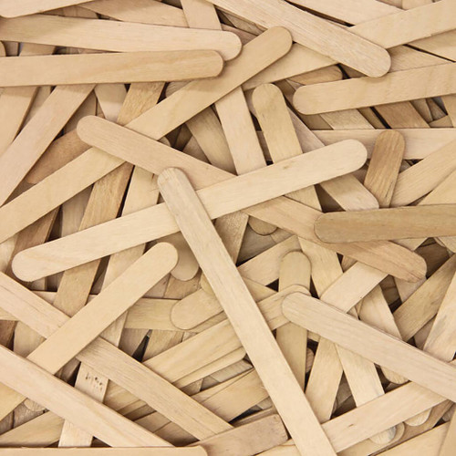 pile of 150 plain natural wooden craft sticks that are 4-1/2" long, 3/8" wide and 2mm thick