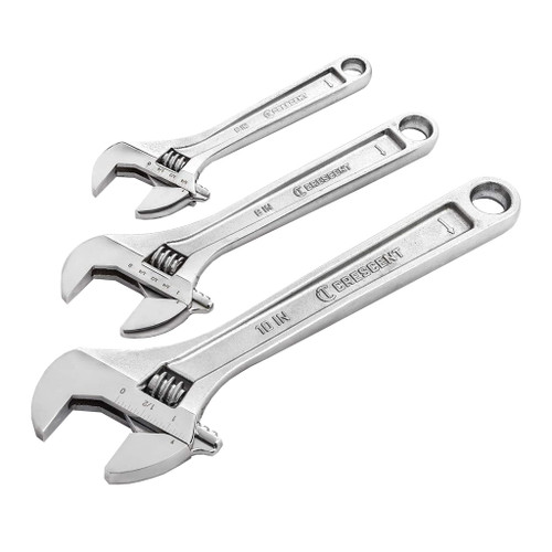 Crescent 3-piece set includes 6", 8" and 10" adjustable wrenches with corrosion-resistant chrome finish