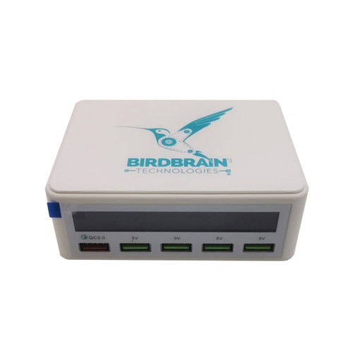 white block with teal bird brain logo on top has 5 usb ports underneath smart lcd display screen