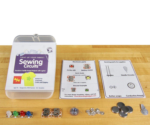 all pieces included in the Brown Dog Gadgets Sewing Circuits Standard Kit next to plastic storage box