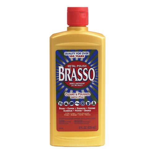 gold 8 ounce bottle of brasso metal polish to clean and polish brass, copper, chrome and more