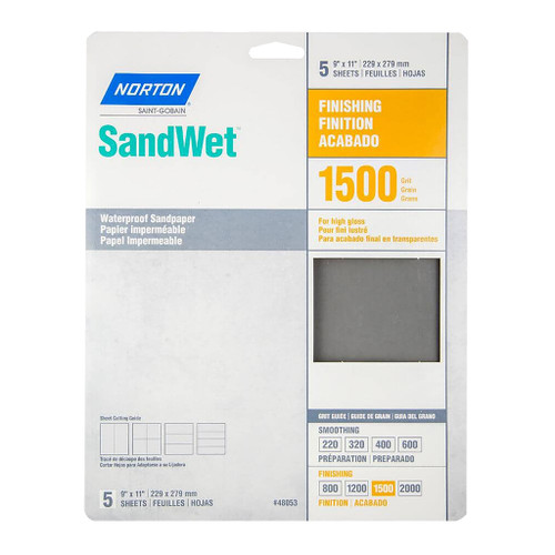 package of 5 norton sandwet sandpaper sheets with 1500 grit in 9" x 11" size