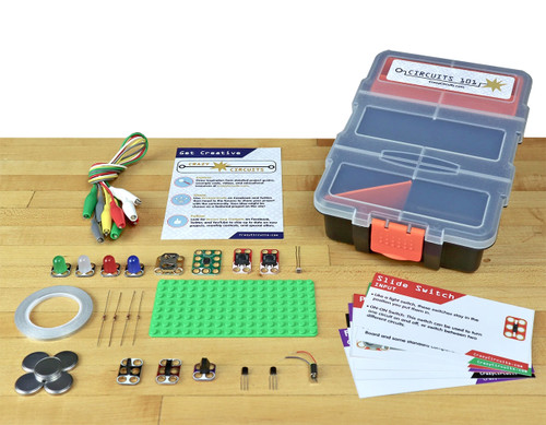 all pieces included in one student kit of Brown Dog Gadgets Crazy Circuits Circuits 101 classroom set