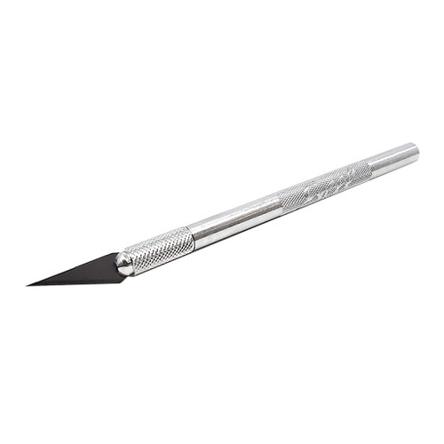 angled silver pen-shaped knife has textured grip at tip and middle of shaft with pointed #11 sharp blade