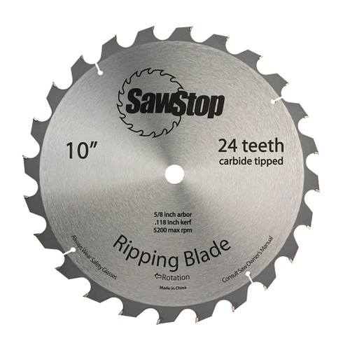 10" wide silver circular saw blade with 24 carbide-tipped teeth around the outside and black text