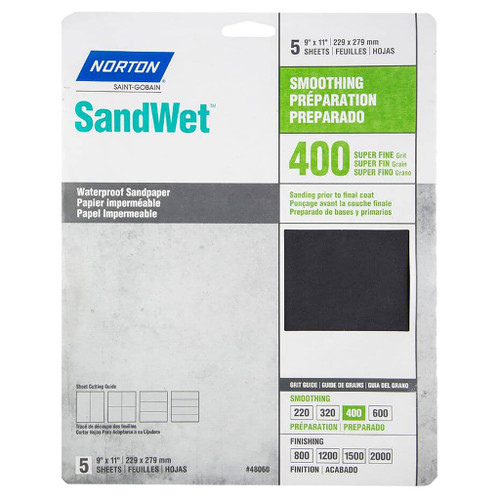package of 5 norton sandwet sandpaper sheets with 400 grit in 9" x 11" size