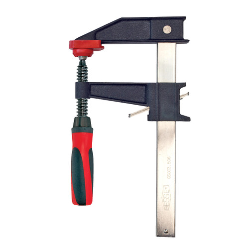 silver 12" clamp rail has 2 black clamping jaws pointing left with red pads and k2 handle between