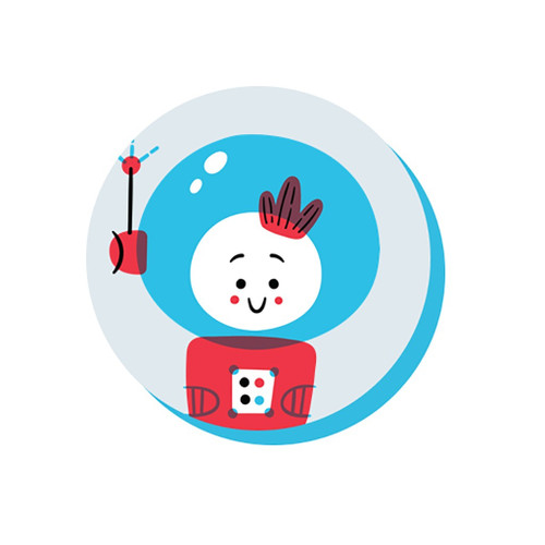 graphic of bloxels logo is gray circle with smaller blue circle inside and geometric character on top